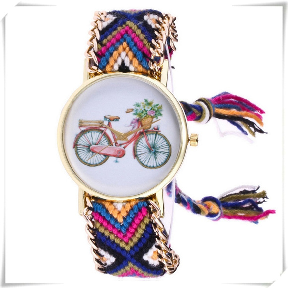 Accessories - Boho ethnic braided bracelet bicycle motif watch